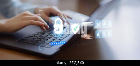 Cybersecurity Shield with Biometric Authentication and Data Protection Systems. Stock Photo