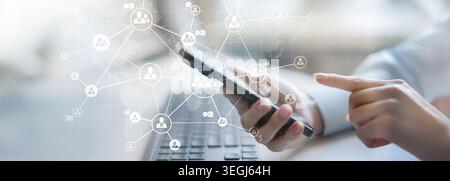 Global Business Networking and Communication Visualized on a Futuristic Digital Interface. Stock Photo