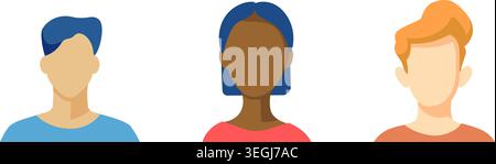 Three flat user avatar icons, diverse skin tones, pastel colors Stock Vector