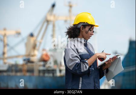 Female maritime engineer using digital tablet for logistics management and industrial port operations near cargo vessel Stock Photo