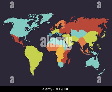 World map flat design multicolor continents on dark navy Stock Vector