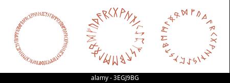 Runic circular borders hand drawn red glyphs on white background Stock Vector