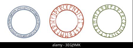 Circular rune frames trio line art in blue red and green Stock Vector