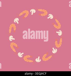 Shrimp and mushroom round frame with hand drawn seafood in circle shape for logo and menu design Stock Vector