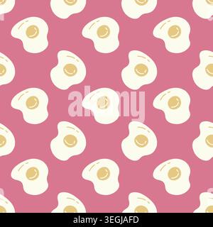 Fried egg seamless pattern with cute doodle eggs on pink background for kitchen textile and cafe design Stock Vector