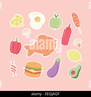 Hand drawn food sticker set with fish burger cheese and egg for digital planning and decoration Stock Vector