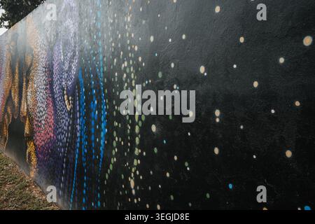 Montego Bay, Jamaica — November 28, 2025:Artistic pointillism style street art mural of human faces on a wall in Montego Bay, Jamaica. Stock Photo