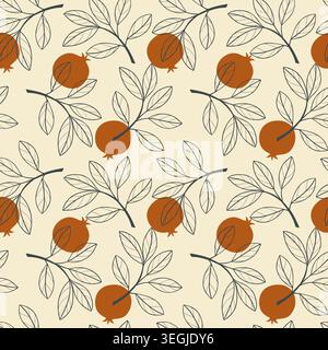 Pomegranate seamless pattern with terracotta fruits and dark line art branches on a light beige background for textile design, wrapping paper, wallpap Stock Vector