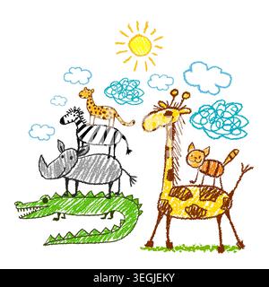 Cartoon Set of African animals for children's drawings. Original bookmark Hand drawn. Not AI, vector illustration. Stock Vector