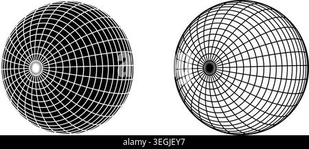 Globe figures with wireframe structure in perspective. Meshed balls isolated on white background. Earth spheres with black and white longitude and Stock Vector