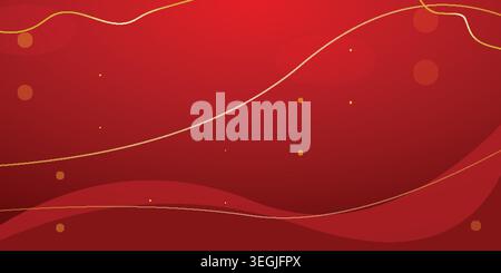 Elegant luxury red abstract background featuring flowing organic wavy lines, shimmering gold ribbons, bokeh circles, and a modern festive template lay Stock Vector