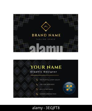 Luxury black and gold business card template with a sophisticated geometric diamond pattern layout, elegant corporate branding, and integrated QR code Stock Vector