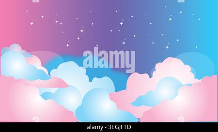 Whimsical pastel night sky background featuring fluffy pink and blue clouds, glowing stars, and a dreamy purple gradient landscape vector. Stock Vector
