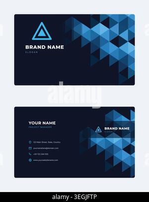 Modern blue geometric business card template featuring an abstract triangle pattern layout, professional corporate branding, and clean corporate ident Stock Vector