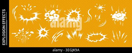 Explosive doodle comic action scene featuring dynamic burst effect vector illustration set. Stock Vector