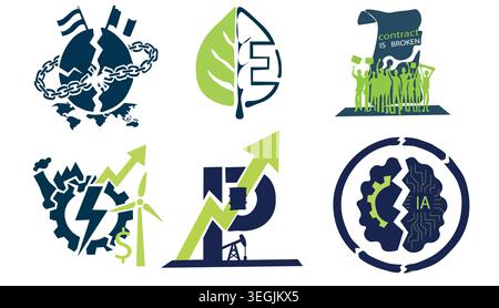 Economic crisis icon set, financial pressure, inflation, energy crisis, labour protest and global trade disruption concepts. Stock Vector