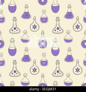 Magic potion bottles seamless pattern with purple liquid and esoteric symbols on a light cream background for halloween party decor, fabric print, and Stock Vector