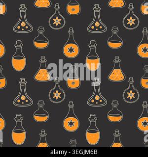 Magic potion bottles seamless pattern with orange liquid and spooky line art symbols on a dark charcoal background for halloween party textile, festiv Stock Vector