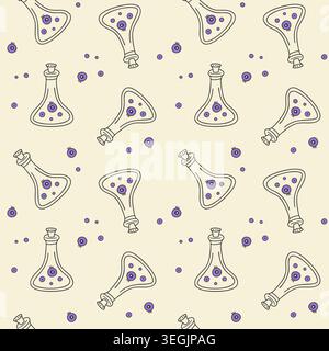 Magic potion bottles with eyeballs seamless pattern in purple and beige colors for halloween stationery, spooky party decor, and creepy cute fabric de Stock Vector