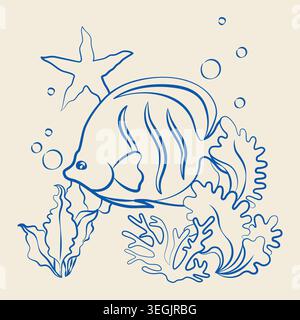 Hand-drawn tropical reef fish and seaweed composition in line art doodle style, underwater sea animal for vacation vibe projects Stock Vector
