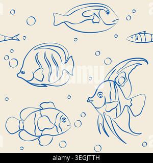 Hand-drawn seamless pattern with sea reef tropical fish, blue tang, clownfish in line art doodle style for seaside vacation design Stock Vector