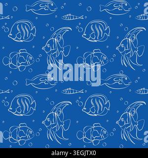 Hand-drawn seamless pattern with sea reef tropical fish, blue tang, clownfish in line art doodle style for seaside vacation events Stock Vector