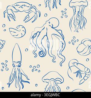 Hand-drawn seamless pattern with sea animals, octopus, shell, shrimp, jellyfish in line art style for seaside vacation design Stock Vector