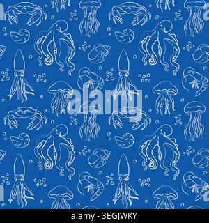 Hand-drawn seamless pattern with sea animals, octopus, shells, squid, jellyfish in line art style for seaside vacation design Stock Vector