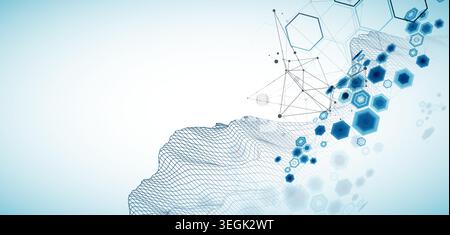 Abstract science background with hexagons and wireframe mountains. Vector art  illustration. Stock Vector