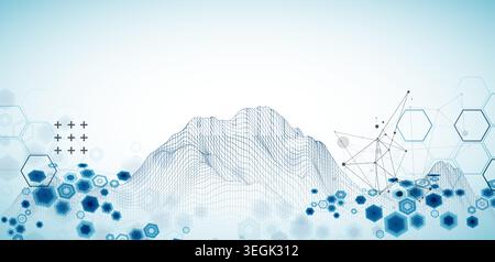 Abstract science background with hexagons and wireframe mountains. Vector art  illustration. Stock Vector