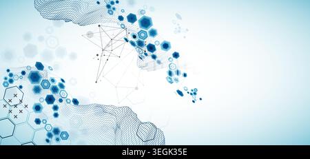 Abstract science background with hexagons and wireframe mountains. Vector art  illustration. Stock Vector