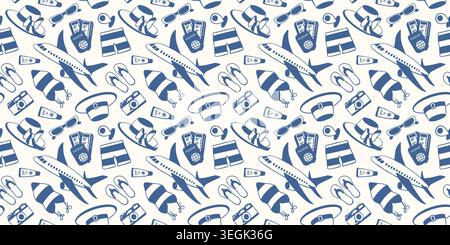 Seamless pattern with travel and vacation theme, airplane, hat, shorts and flip flops. Summer holiday concept vector illustration for textile, paper Stock Vector