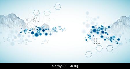 Abstract science background with hexagons and wireframe mountains. Vector art  illustration. Stock Vector