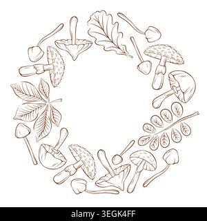 Circular line art style wreath with autumn forest mushroom and leaf. Fall nature decorative frame illustration. Stock Vector