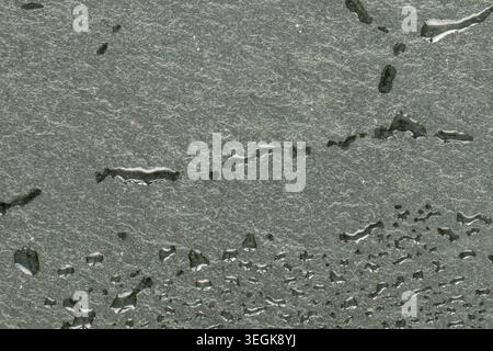 Slate stone surface with water drops, macro, top view. Stock Photo