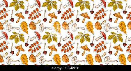 Mushroom seamless pattern with autumn leaves in cartoon style for textile, fabric, and paper design. Fall illustration. Stock Vector