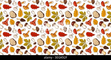 Autumn forest seamless pattern with mushrooms and colorful leaves in cartoon style. Woodland autumn illustration for fabric, paper print. Stock Vector