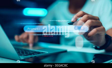 Hand using stylus pen with AI prompt command box on laptop. Concept of prompt engineering, generative artificial intelligence, and human-computer inte Stock Photo