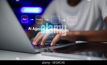 ็Hands typing on laptop with AI Agents Automation process icons. Businessman using artificial intelligence for workflow optimization and digital trans Stock Photo