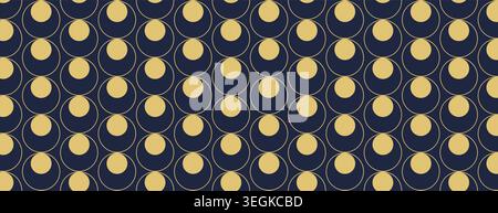 Art Deco Seamless Pattern with Gold Circles and Arcs on Dark Blue Background. Vector Stock Vector