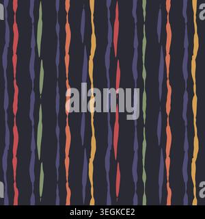 Seamless pattern with handdrawn vertical abstract textured stripes. Earthy lines on a dark navy background Stock Vector