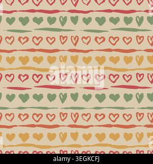 Boho seamless pattern with hand drawn rows of hearts and horizontal textured stripes. Earthy lines on warm beige backdrop Stock Vector