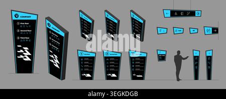 Blue digital signage pylon mockup set. Isometric totem signboard corporate identity navigation template. Airport mall exterior directional wayfinding Stock Vector