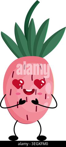 Pink wild strawberry with red heart eyes and happy expression Stock Vector