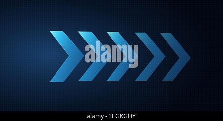 Abstract blue arrow pointers moving forward on dark digital dot pattern bg. Stock Vector