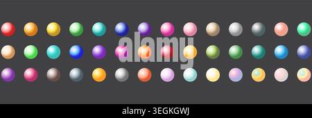 Collection of colorful glossy spheres arranged in rows on dark background. Stock Vector