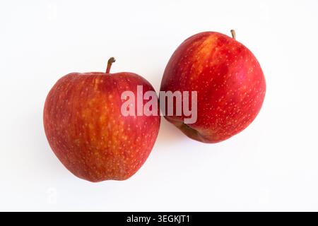 Two fresh, ripe red apples with stems sit side-by-side on a plain white background, ready to eat. Stock Photo