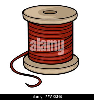 Red thread on a wooden spool vector illustration, sewing craft concept Stock Vector