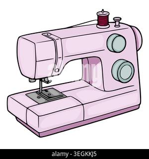 Cute pastel pink sewing machine vector illustration, isolated on white background, with thread spool. Stock Vector