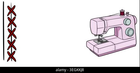 Cute pink sewing machine vector illustration with decorative stitch detail Stock Vector